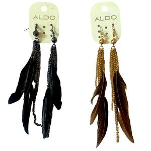 Aldo brown & gold feather earrings.  Aldo silver & black feather earrings